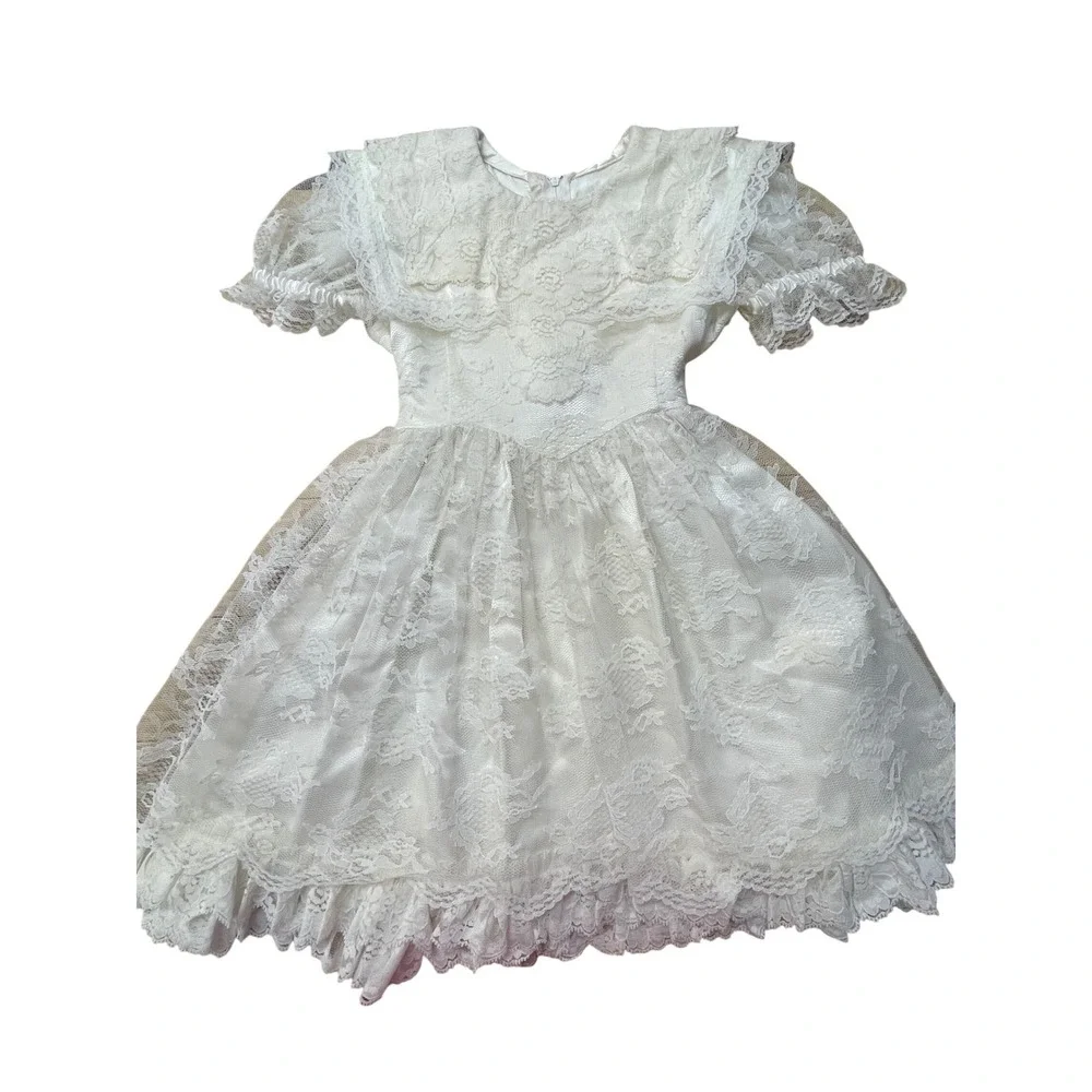 Vintage‎ Girls White Lace Flower Girl Dress Satin Bow Communion Formal